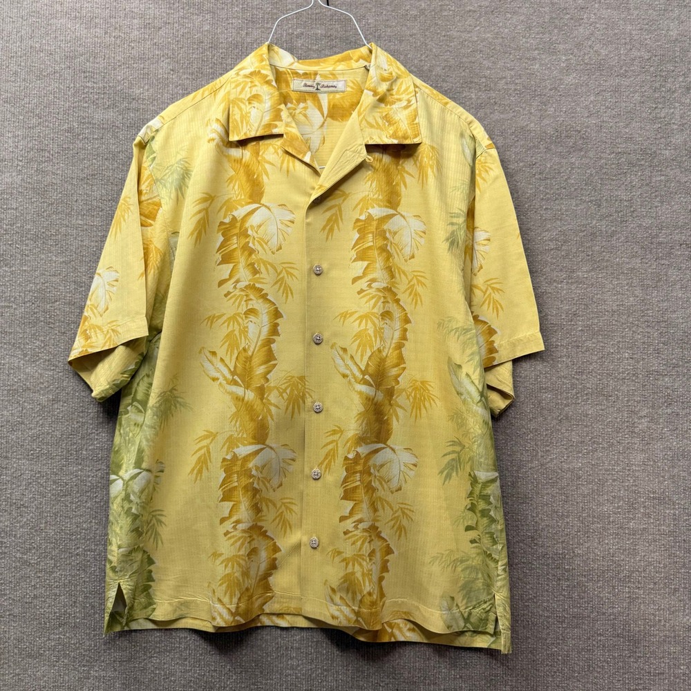 Tommy Bahama Mens Large Yellow 100% Silk Tropical Palm Leaf Shirt Wood Buttons